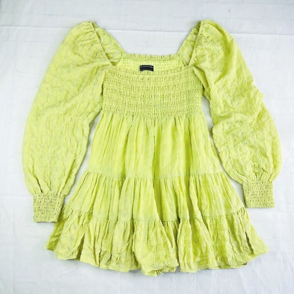 Urban Outfitters Mini Dress Womens S Green Smocked Balloon Sleeve Ruffled Skirt